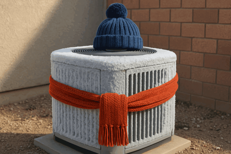 a heat pump condenser in a phoenix arizona area backyard covered in frost and wearing a scarf and hat